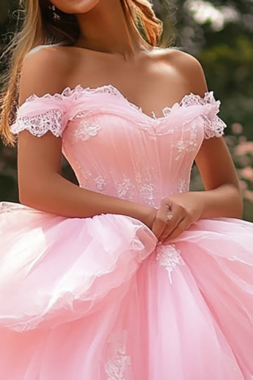 Princess Ball Gown Off the Shoulder Ruffled Pink Quinceanera Dress